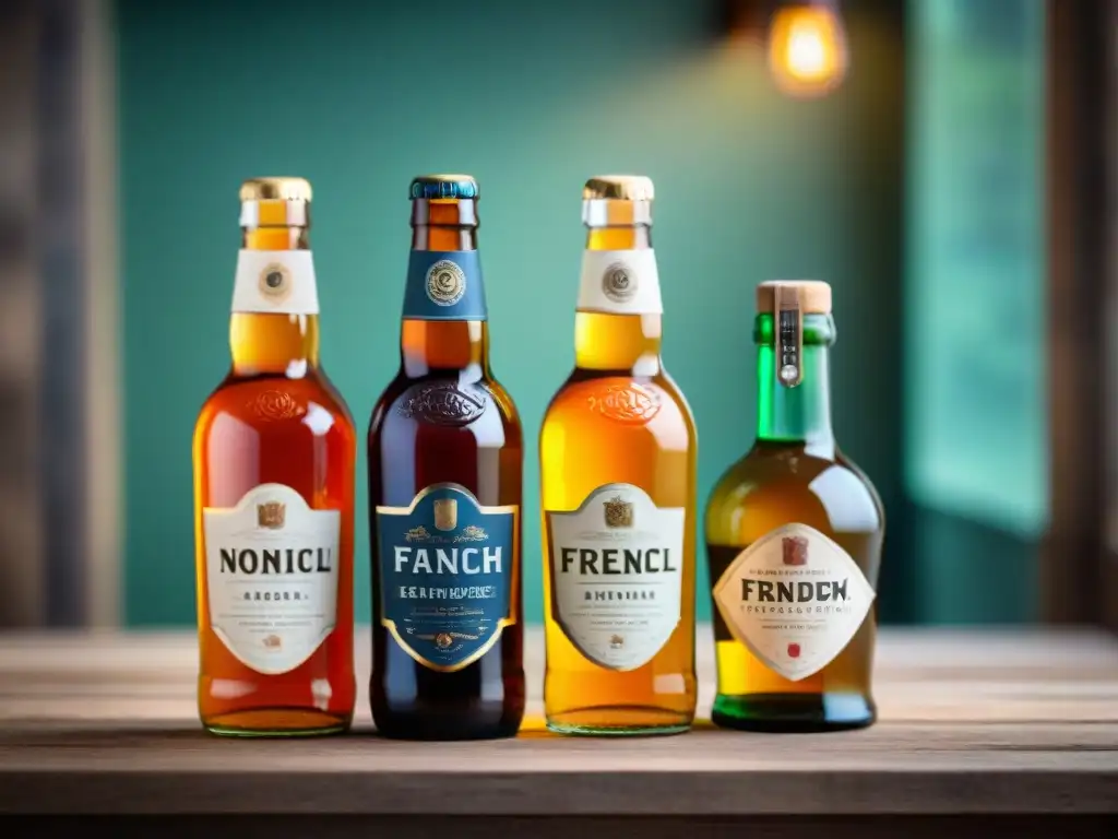 Exquisita colección de sidras francesas sin alcohol en elegantes botellas de vidrio Sidras francesas sin alcohol en elegantes botellas de vidrio, sobre una mesa de madera iluminada por luz natural difusa