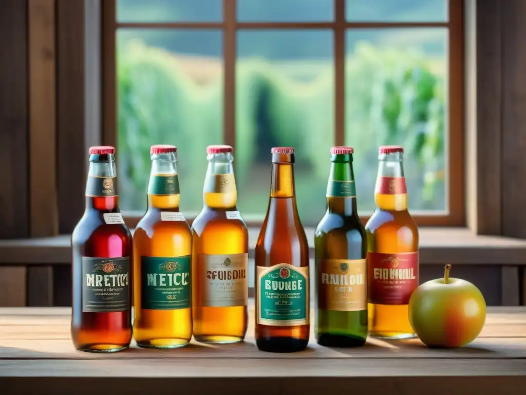 Degustación de sidras con sabores únicos de Francia en mesa rústica, iluminadas por luz natural