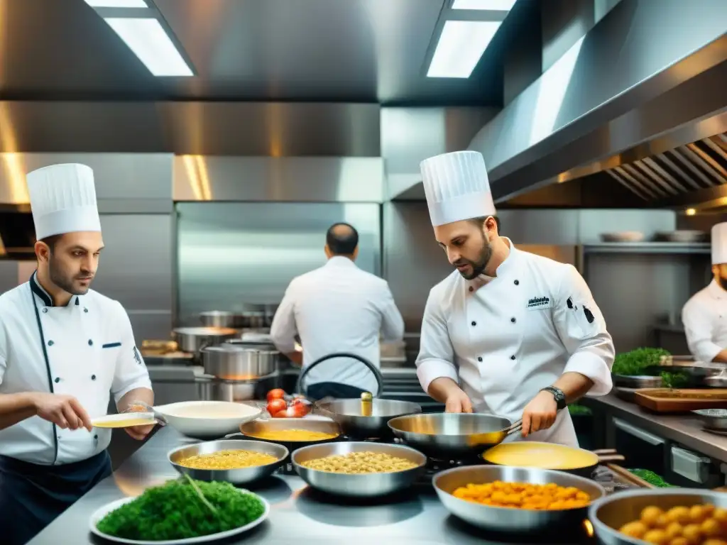 Software gastronómico para cocinar platos franceses: Un bullicioso restaurante francés donde chefs preparan exquisitos platos con precisión