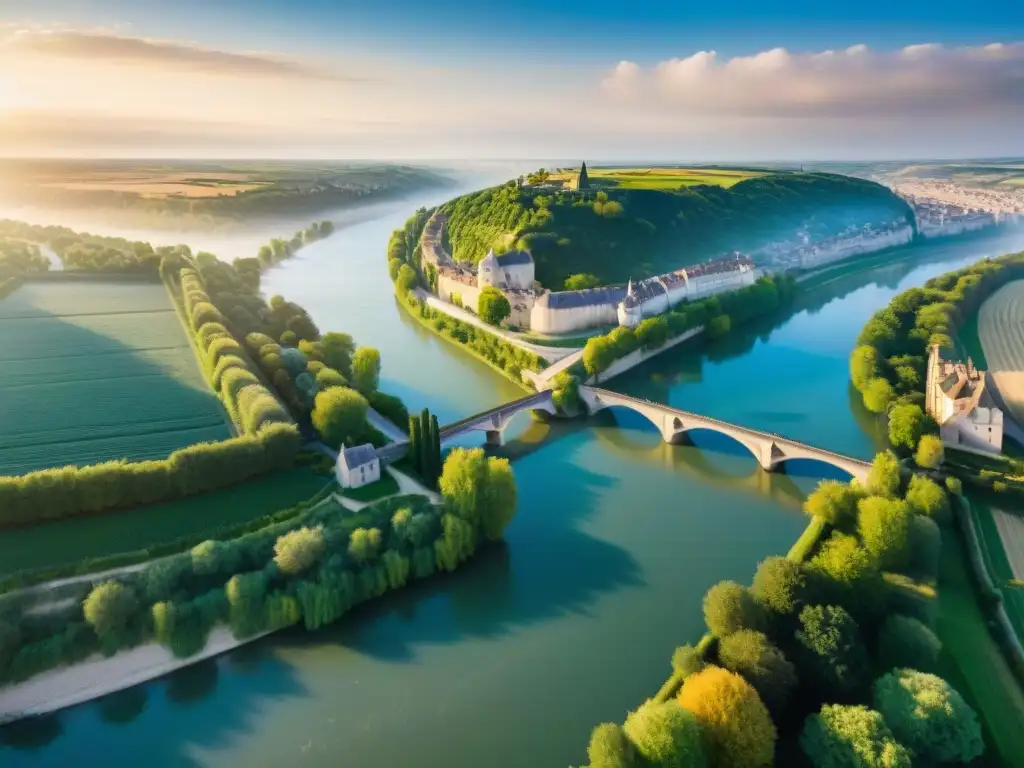 Confluencia serena de ríos en Francia: Seine, Rhône y Loire El sol se pone sobre la confluencia de los ríos Sena, Ródano y Loira, influencia de la gastronomía francesa