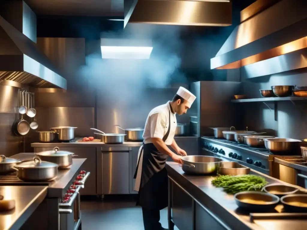 En la sombría cocina de un bistró francés de noche, un chef en uniforme frente a la estación de preparación, con el rostro oculto por el vapor