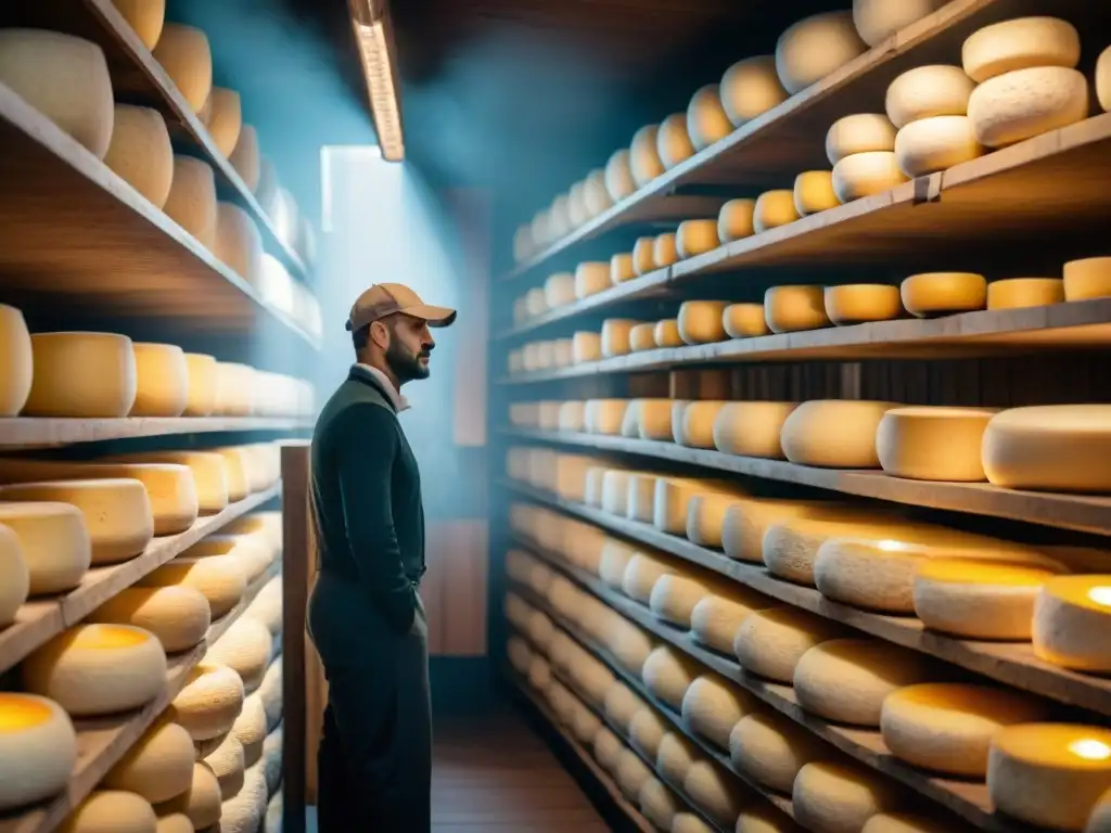 Un sombrío sótano de queso francés AOC auténtico, con ruedas cubiertas de moho y un quesero inspeccionando