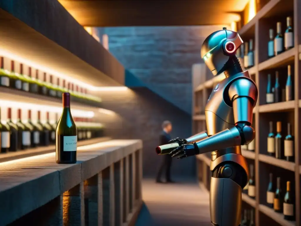 Un sommelier robot examina vino francés en bodega elegante