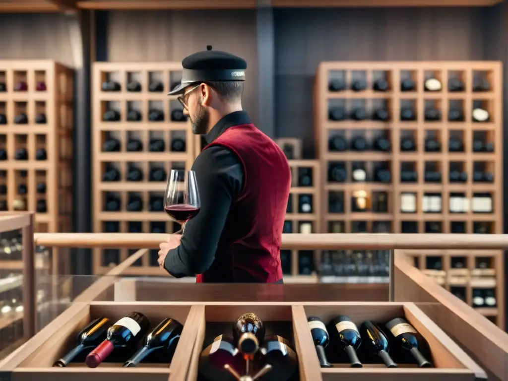 Un sommelier en una bodega francesa, removiendo un Pinot Noir de Jura, revelando la riqueza de los vinos tinto menos conocidos Francia