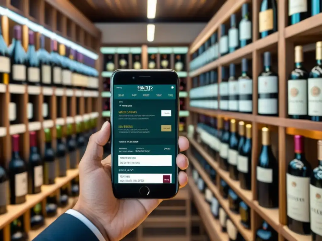 Un sommelier en una bodega moderna muestra la app de vinos franceses