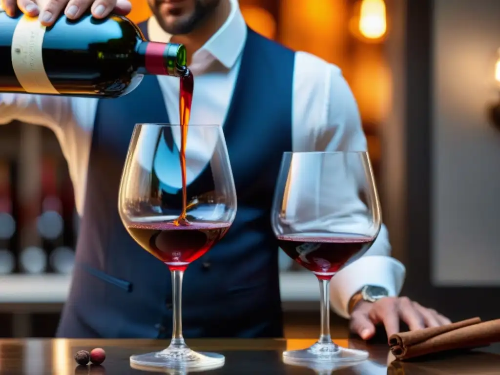 Un sommelier francés vierte un Bordeaux en copa de cristal, rodeado de especias, en escena de maridajes vinos franceses platos especiados