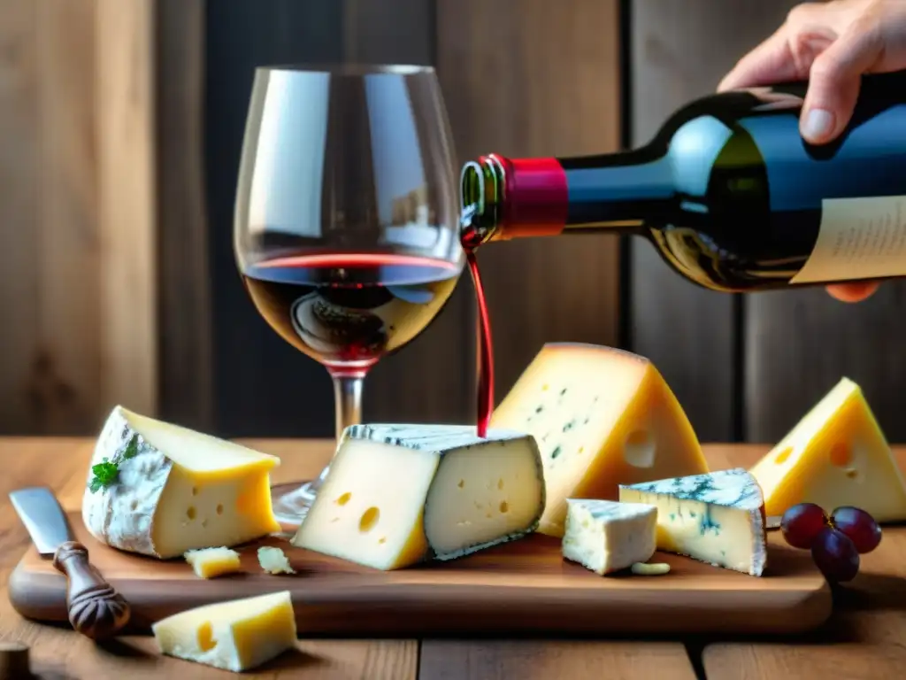 Un sommelier sirviendo un Bordeaux mientras se muestran quesos franceses