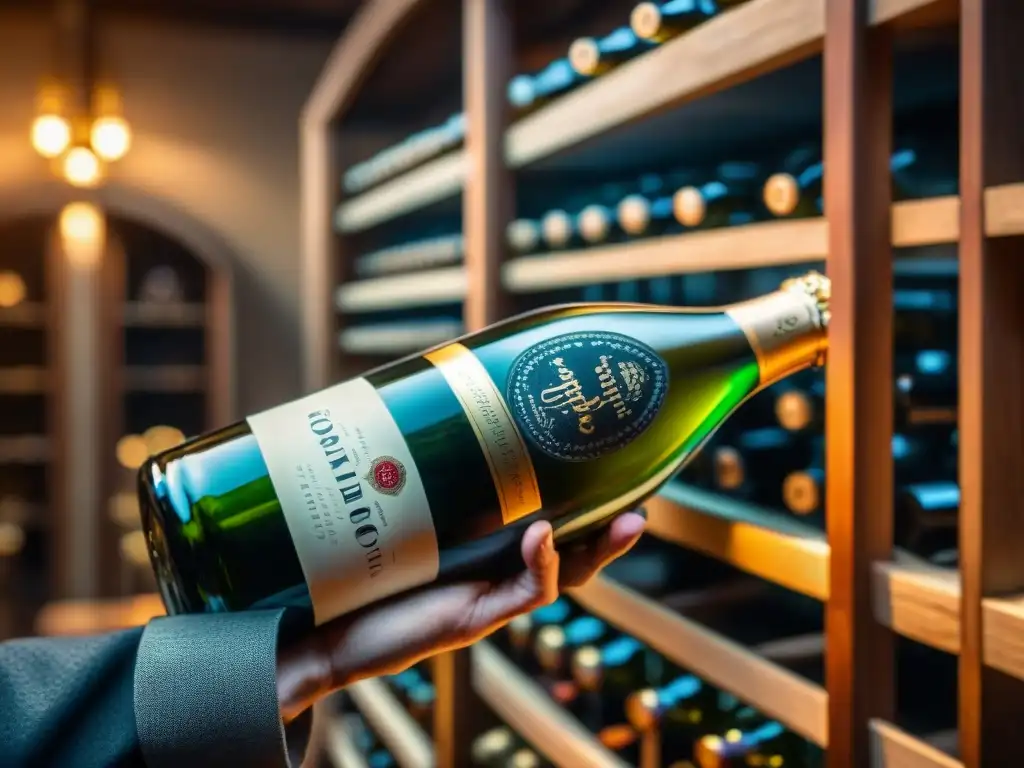 Un sommelier descorchando una botella de Champagne vintage en bodega