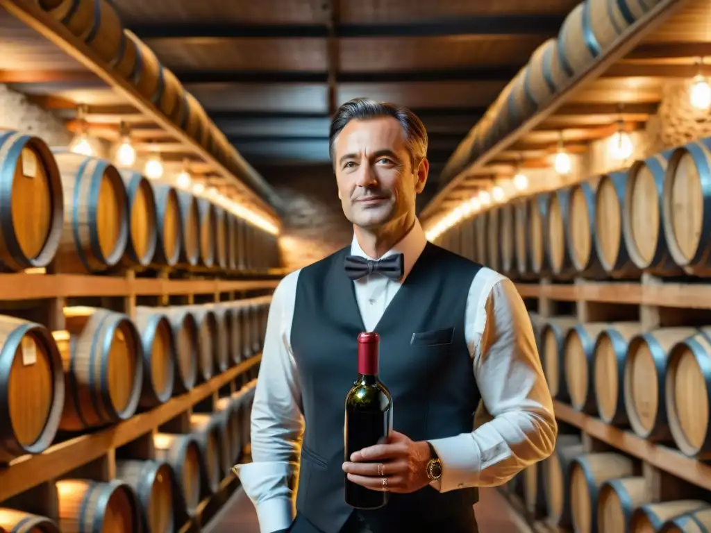 Un sommelier inspecciona una botella de vino en una bodega francesa, rodeado de barricas de roble