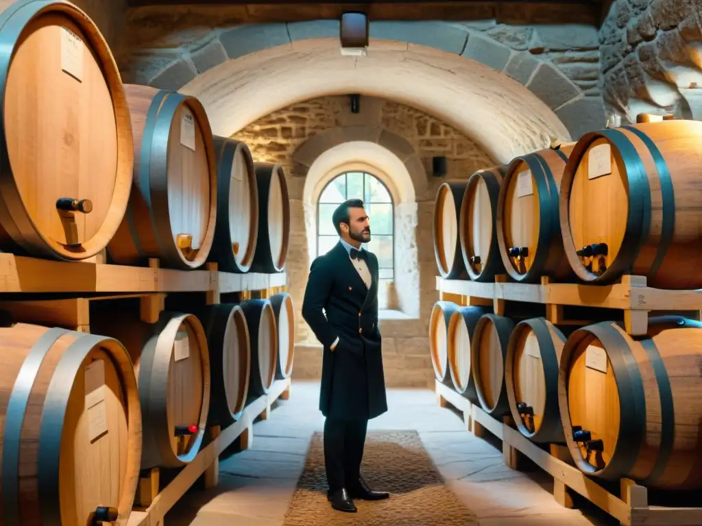 Un sommelier inspecciona botellas en bodega de vinos en Burdeos, mostrando la esencia de la gastronomía francesa