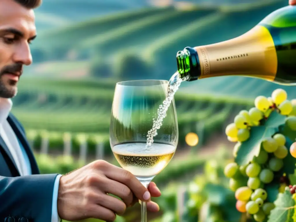 Un sommelier sirviendo Champagne con burbujas efervescentes en un viñedo en la región de Champagne, capturando el ciclo de vida del Champagne