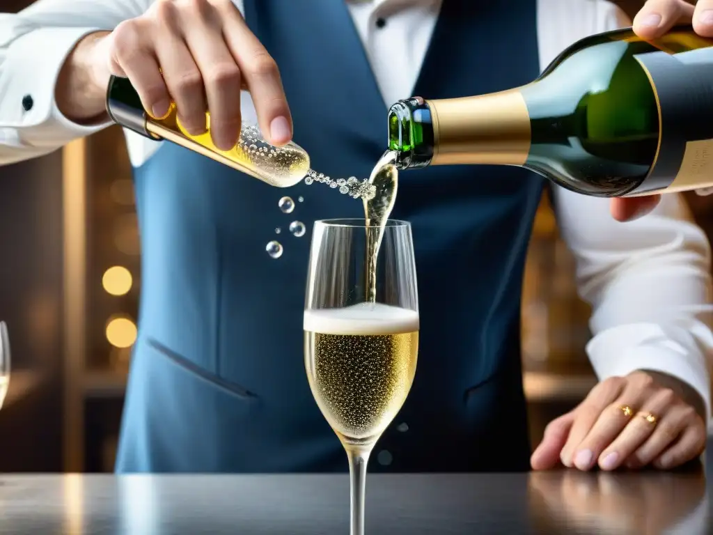 Un sommelier vierte con maestría Champagne en una copa, resaltando el ciclo de vida del Champagne con elegancia y sofisticación