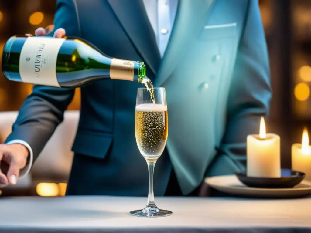 Un sommelier sirviendo champagne en una copa de cristal en una elegante mesa