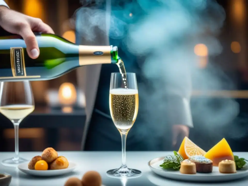 Un sommelier vierte elegantemente champagne en una copa de cristal, en un evento gastronómico lujoso