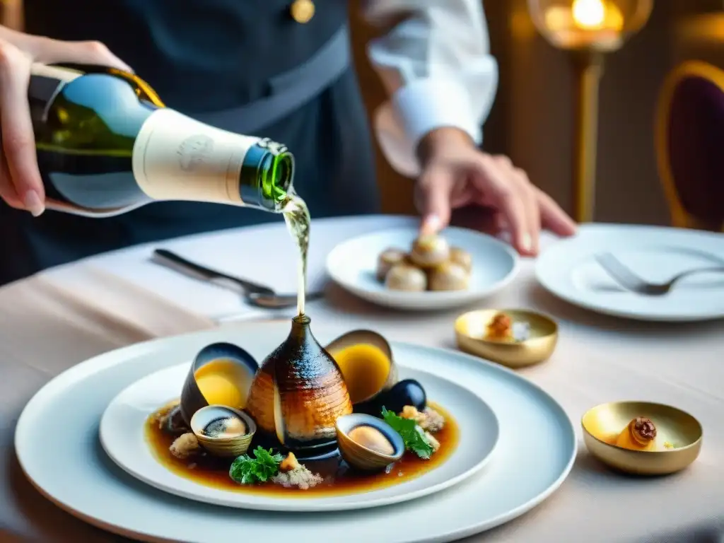 Un sommelier sirviendo champagne en restaurante francés con exquisita gastronomía