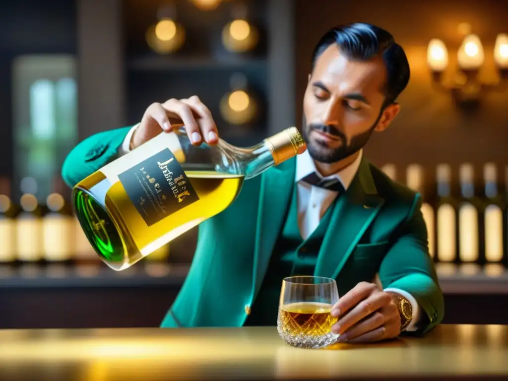 Un sommelier francés vierte Chartreuse dorado en un elegante restaurante francés, fusionando mitos licores franceses gastronomía