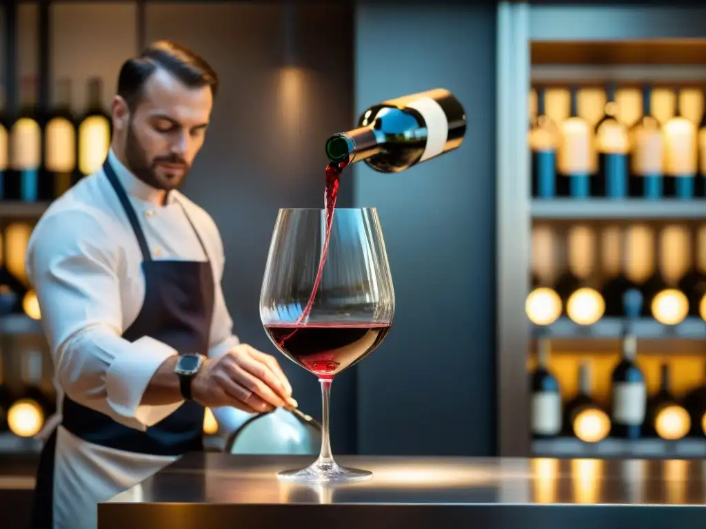 Un sommelier vierte vino Bordeaux en una copa, mientras un chef con estrella Michelin prepara un plato francés moderno