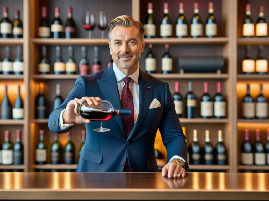 Un sommelier vierte vino Bordeaux en una copa, resaltando su color y textura