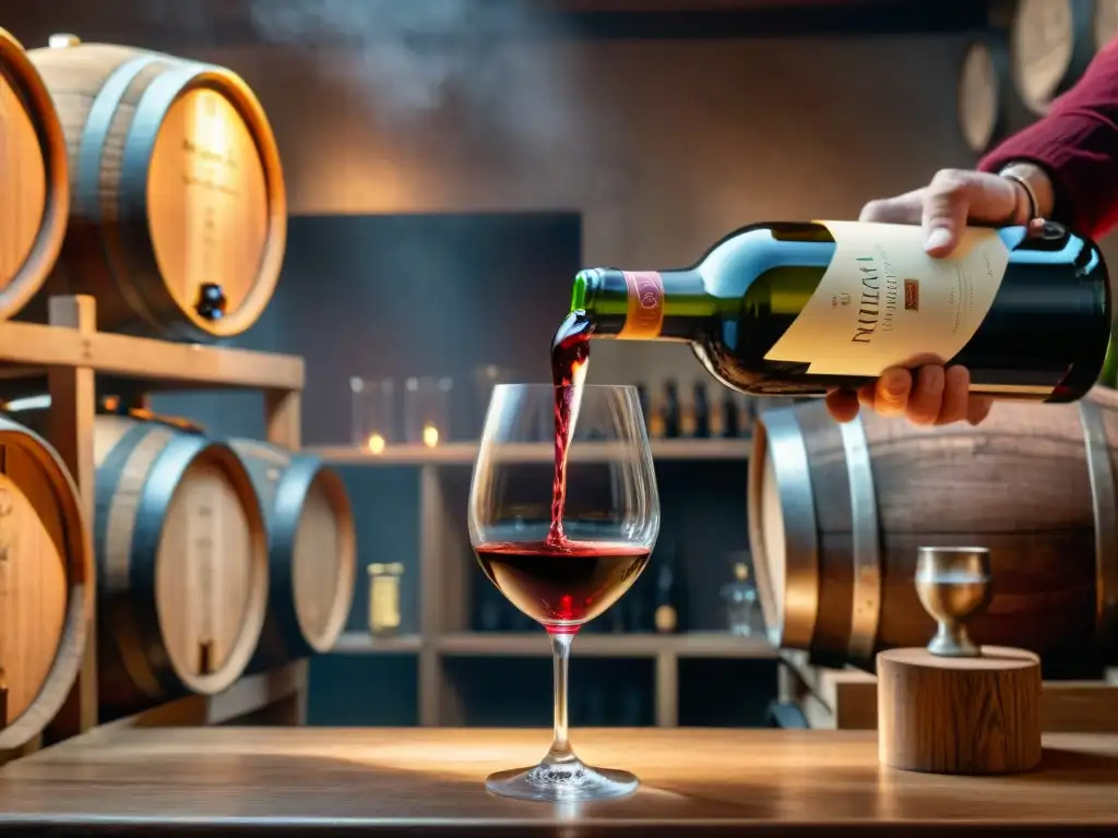 Un sommelier vierte con maestría vino francés en una copa de cristal en una bodega rústica, creando una atmósfera cálida e invitadora