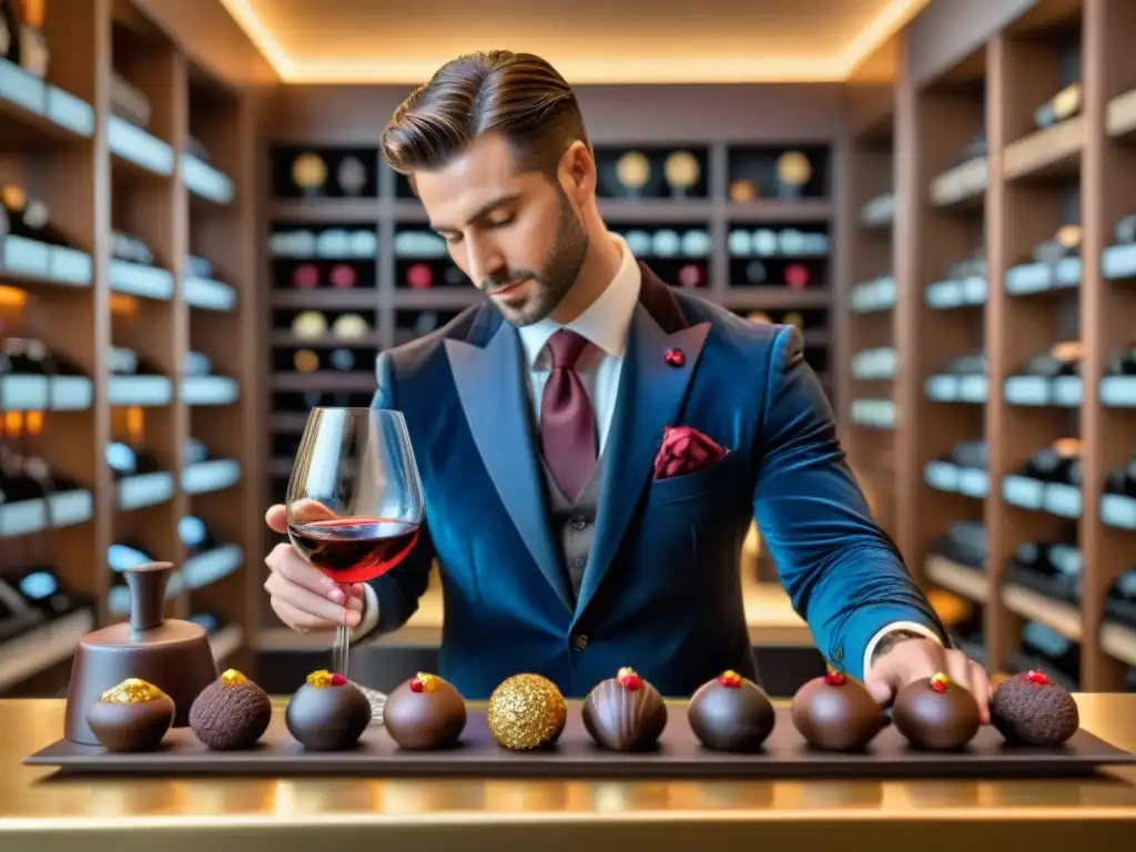 Un sommelier vierte vino tinto en copa de cristal mientras un chocolatero crea bombones