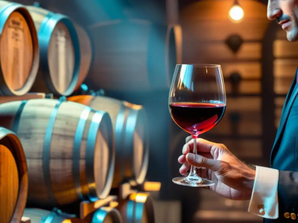 Un sommelier sostiene una copa de vino tinto francés en una bodega rústica, evocando técnicas de cata vinos franceses