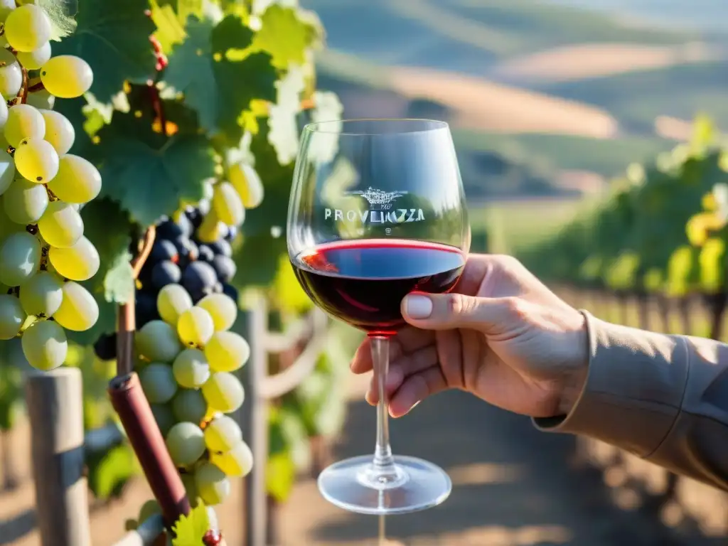 Un sommelier sostiene una copa de vino tinto Provenza frente a una mesa rústica con uvas frescas y un sacacorchos vintage