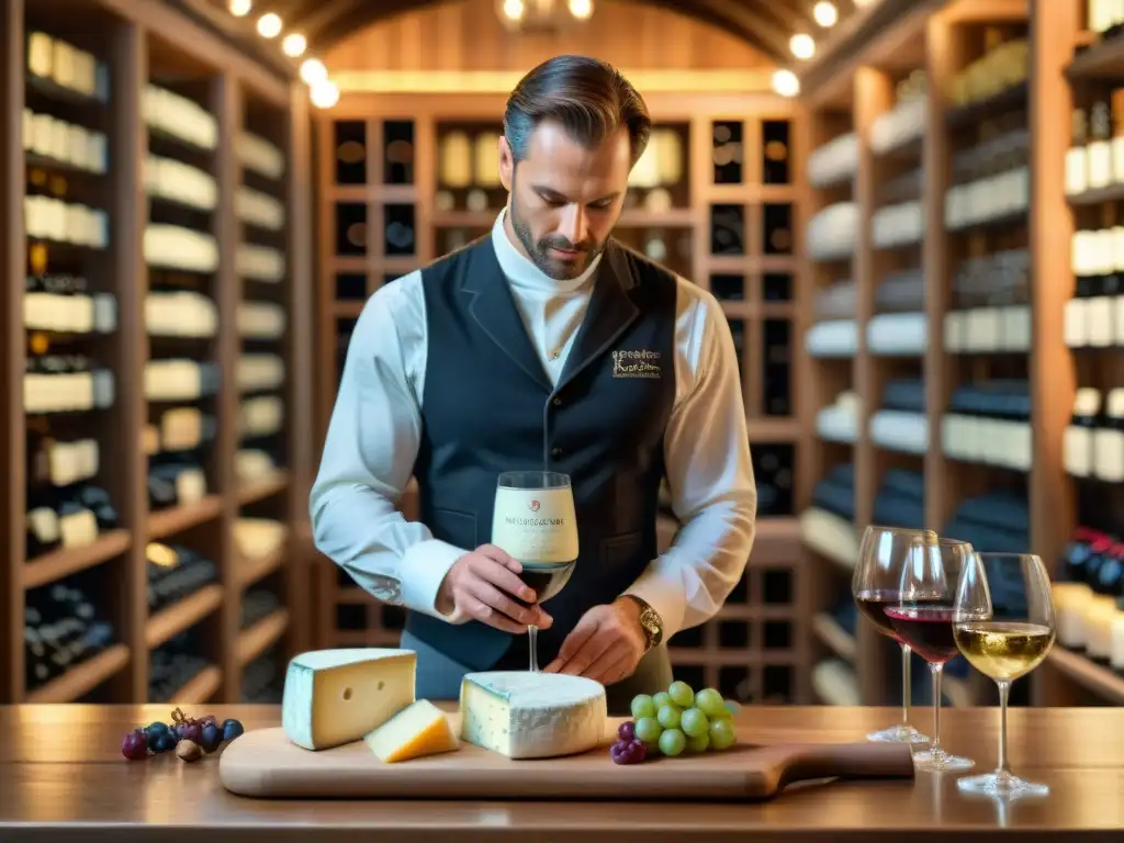 Un sommelier vierte vino tinto en copa mientras quesos franceses se lucen en tabla rústica