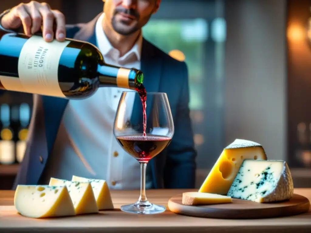 Un sommelier vierte vino tinto en copa con quesos franceses al fondo