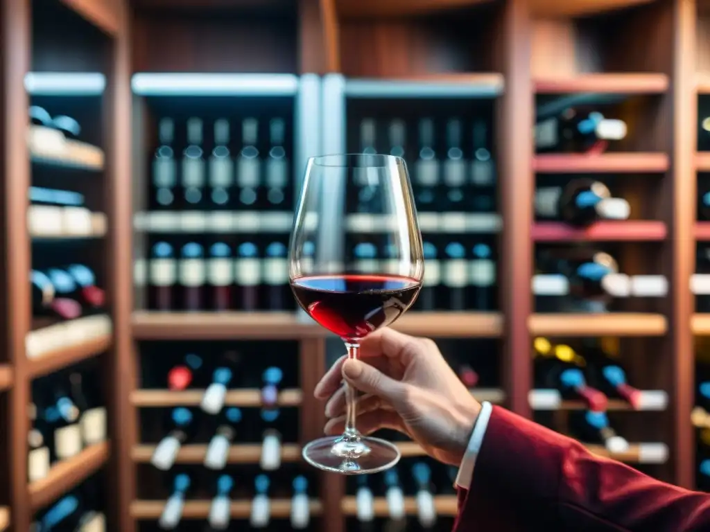 Un sommelier sostiene una copa de vino francés tinto en una bodega, resaltando sus técnicas de cata