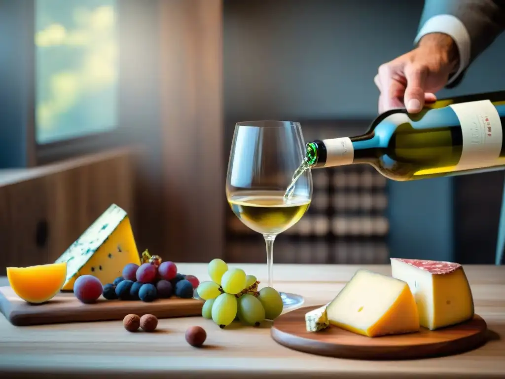 Un sommelier vierte con cuidado un vino blanco francés innovador en una copa de cristal, rodeado de exquisitos maridajes