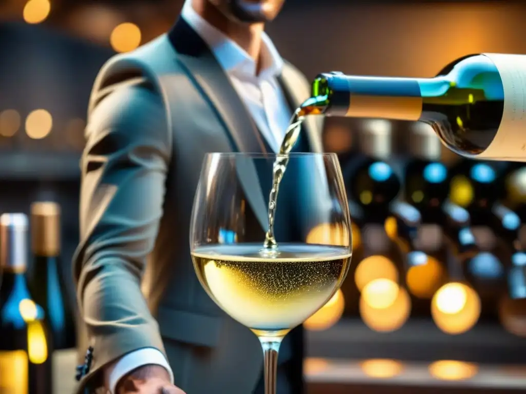 Un sommelier vierte con cuidado un vino blanco Borgoña secreto en una copa elegante, en una bodega misteriosa y elegante