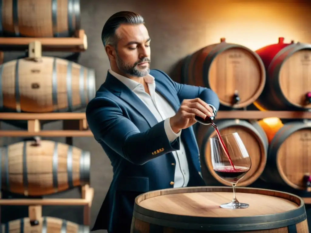 Un sommelier vierte con cuidado un vino Borgoña rojo rubí en una copa de cristal, en una bodega iluminada tenue