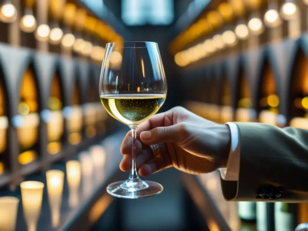 Un sommelier sostiene con delicadeza una copa de Riesling de Alsacia: vino blanco, en una bodega elegante y sofisticada