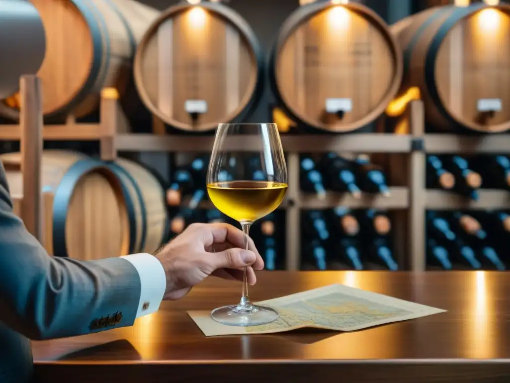 Un sommelier sostiene con delicadeza una copa de Vin Jaune de Jura, Francia, en una sesión de cata de vinos exclusivos