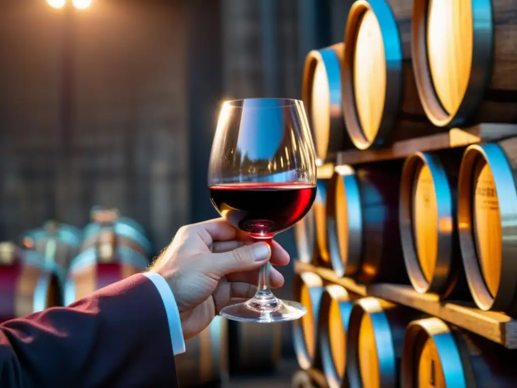 Un sommelier sostiene con delicadeza una copa de Vinos franceses Pinot Noir en una bodega elegante y exclusiva