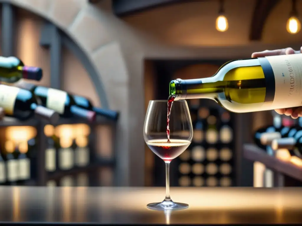 Un sommelier vierte con destreza un exquisito Chardonnay de Borgoña en una copa de vino, destacando su tono dorado