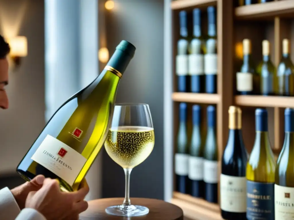 Un sommelier vierte con destreza un vino blanco francés en una copa elegante, rodeado de botellas de vinos blancos franceses