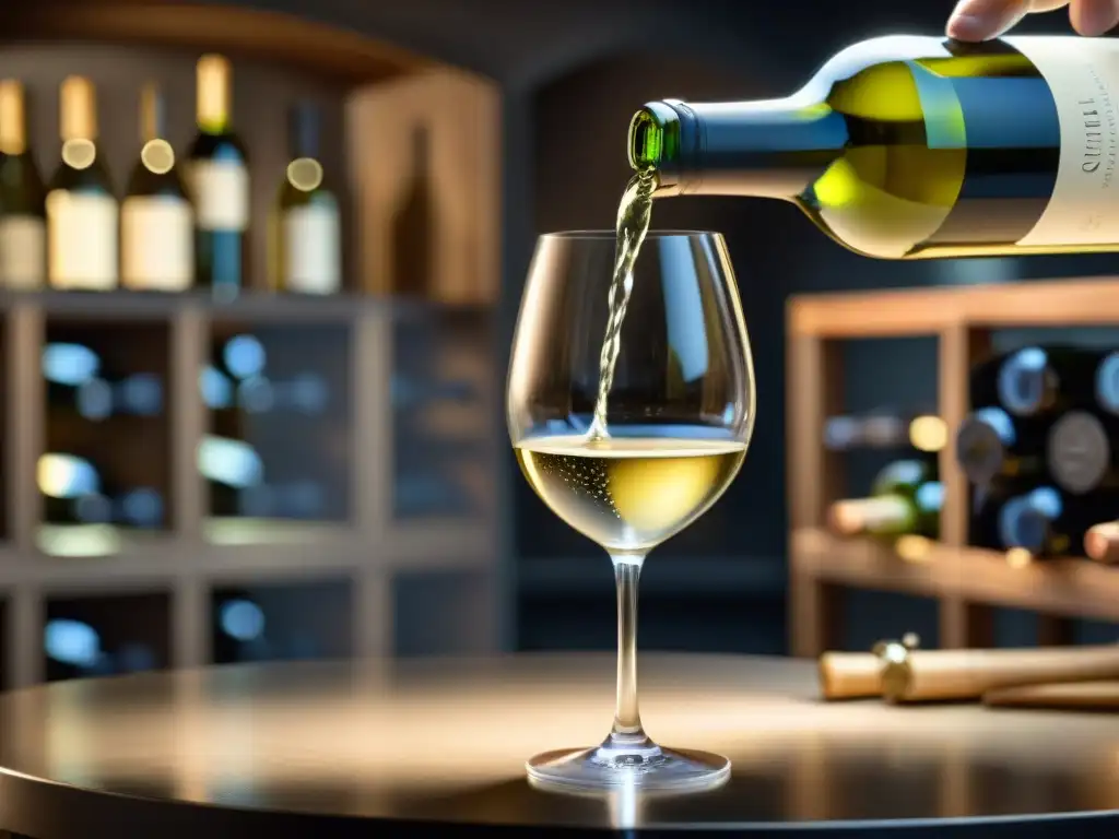 Un sommelier vierte con destreza un vino blanco francés en copa de cristal en una bodega elegante