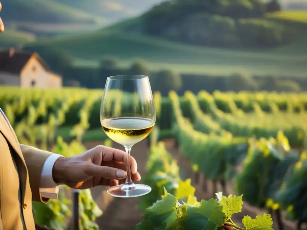 Un sommelier vierte con destreza un vino blanco dorado en una copa de cristal, en Borgoña