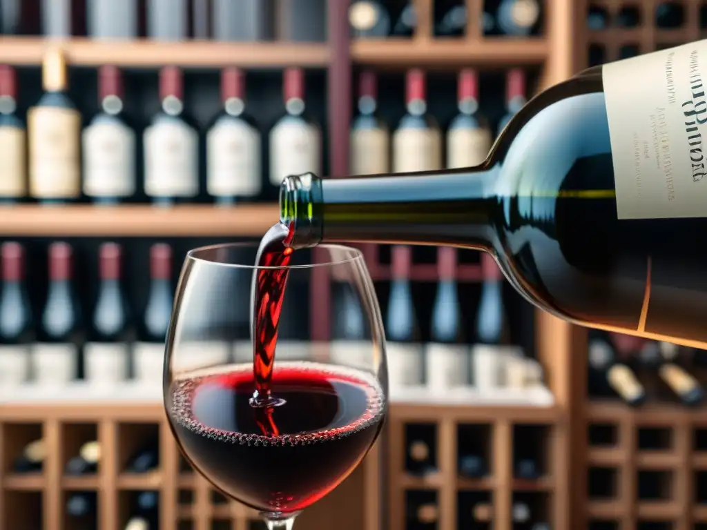 Un sommelier vierte con destreza un vino tinto francés en una copa de cristal, en una bodega elegante