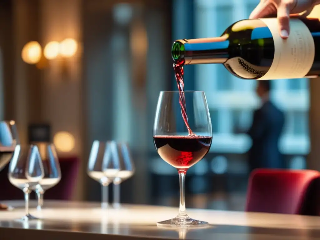 Un sommelier vierte con destreza un vino tinto francés en una copa de cristal, en un elegante restaurante parisino