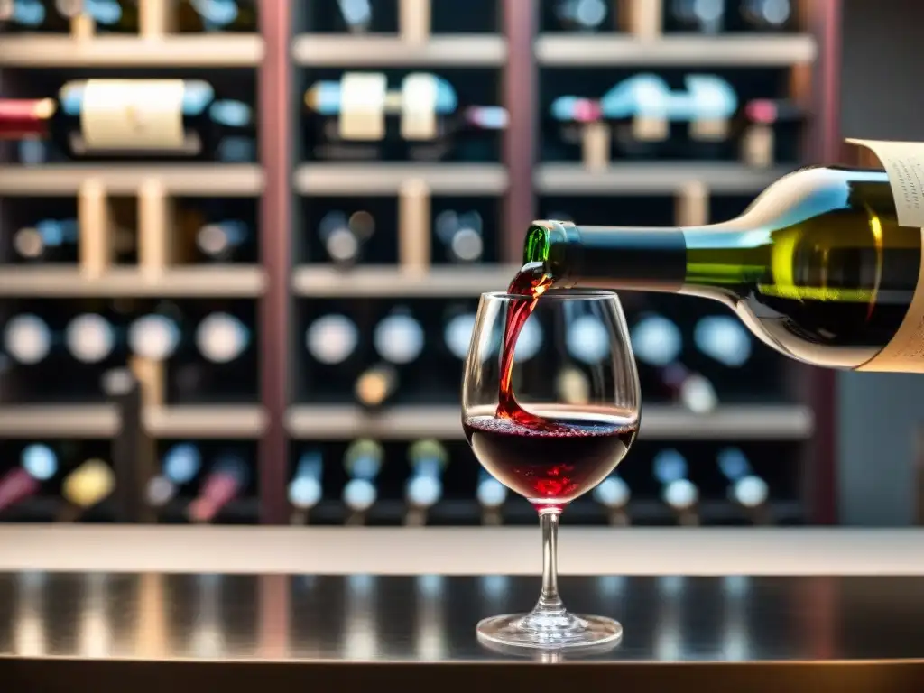 Un sommelier vierte con destreza un vino tinto francés en una copa de cristal, en una bodega elegante