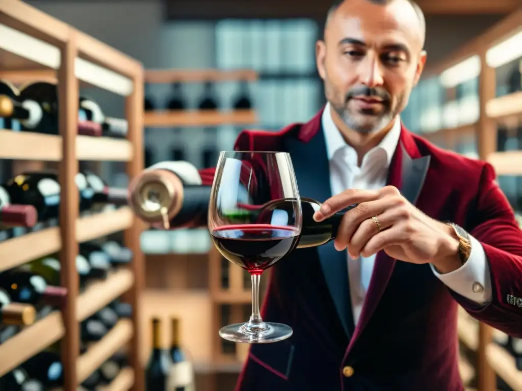 Un sommelier vierte con destreza un vino tinto francés en copa de cristal, resaltando sus ricos colores y texturas