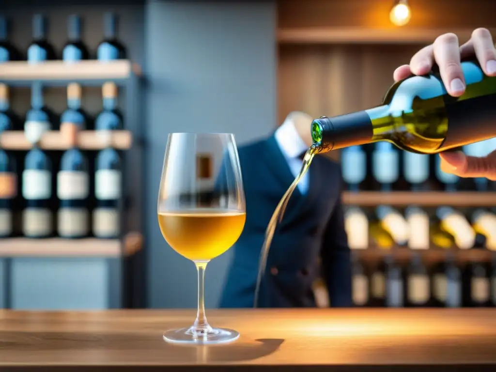 Un sommelier vierte con maestría Vin Jaune dorado en una copa, destacando los vinos únicos de Jura Francia