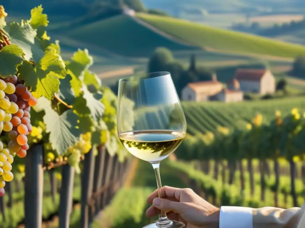 Sommelier experto sirviendo Gewurztraminer dorado en viñedos de Alsacia Un sommelier vierte con elegancia vino Gewurztraminer Alsaciano entre viñedos verdes y cielo azul