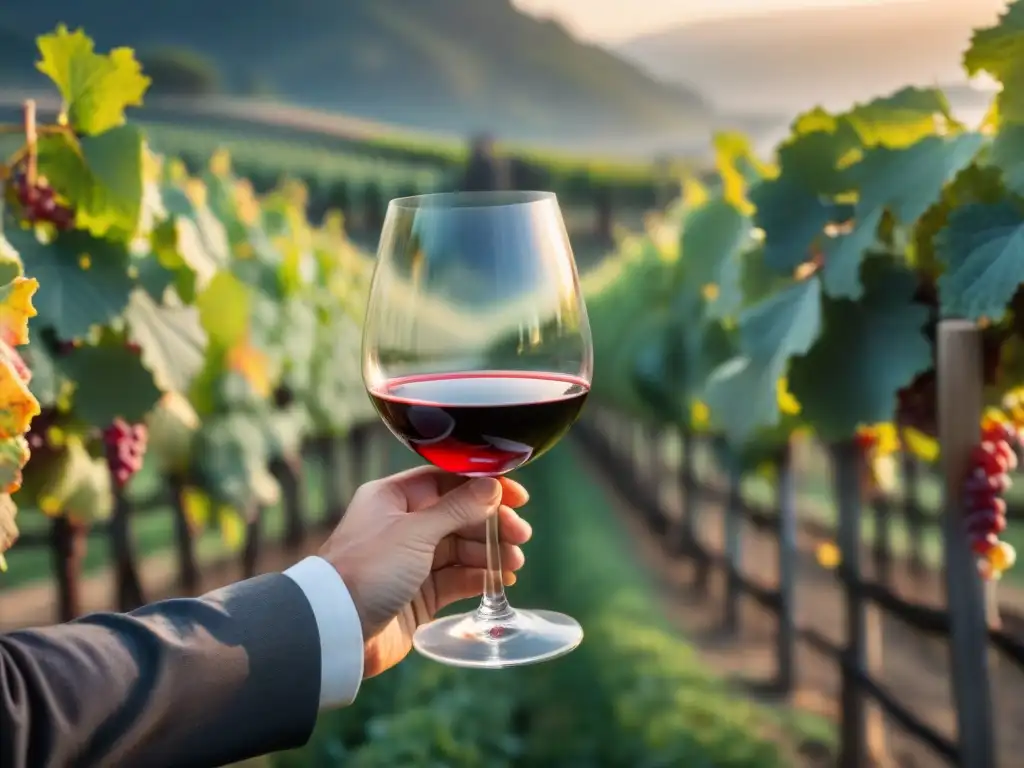 Un sommelier sostiene con elegancia una copa de cristal con vino tinto Pinot Noir en una bodega francesa