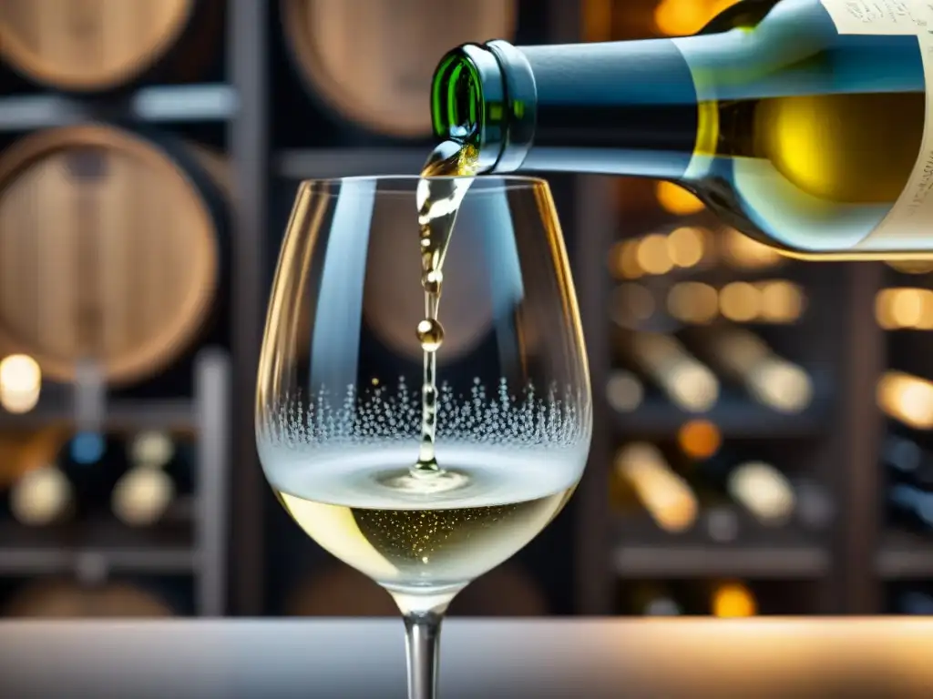 Un sommelier vierte con elegancia un vino blanco francés, resaltando lujo y sofisticación