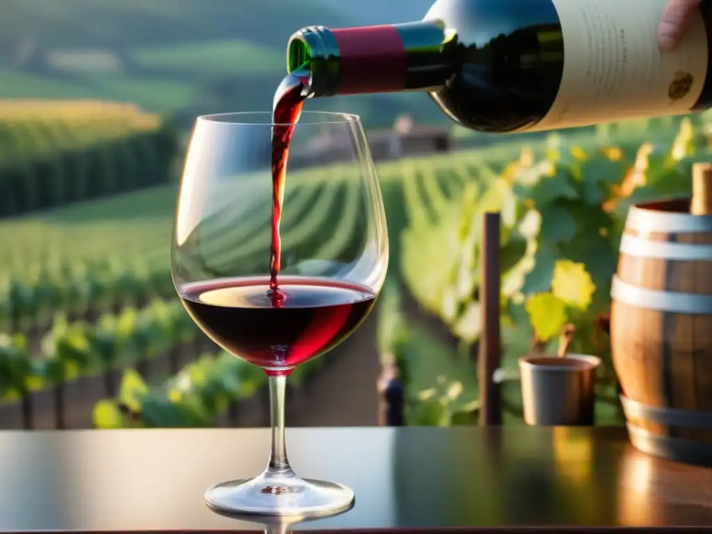 Un sommelier francés vierte con elegancia un vino Burdeos en una copa de cristal, en una bodega rústica