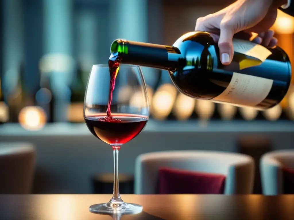 Un sommelier vierte con elegancia un vino tinto francés en una copa de cristal en un restaurante elegante