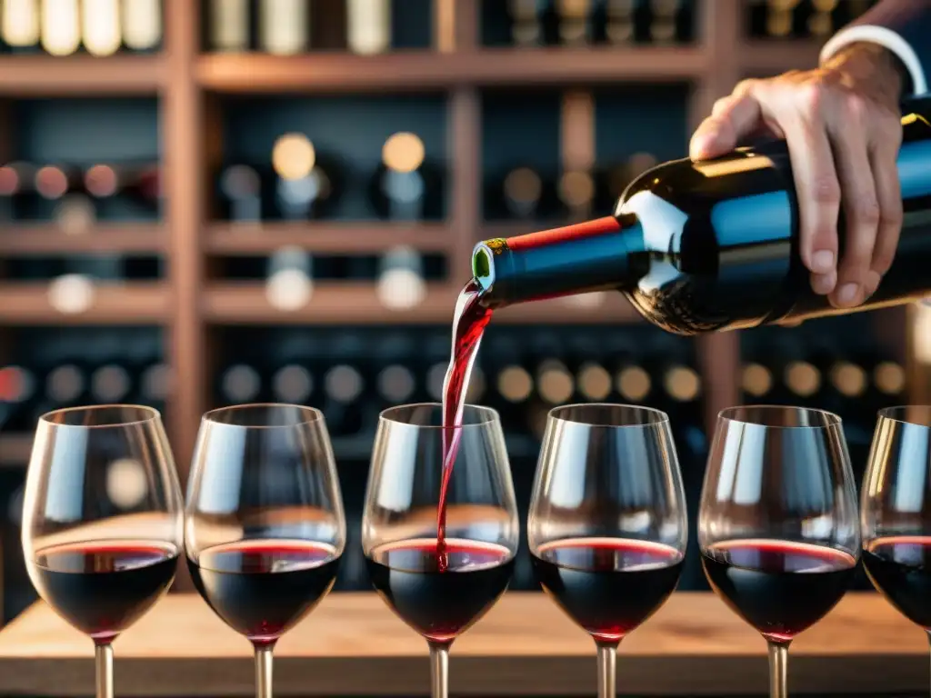 Un sommelier vierte con elegancia un vino tinto francés en una copa de cristal, en una bodega atmosférica